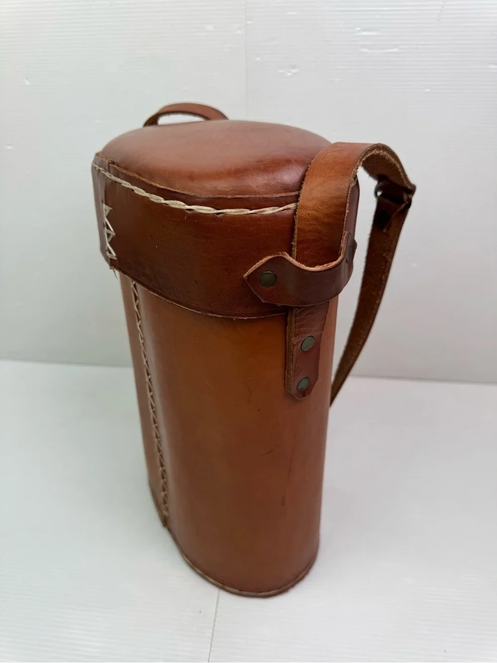 VTG Artesania Uruguay Tooled Leather Thermos Bottle Case Carrier Cross Stitch